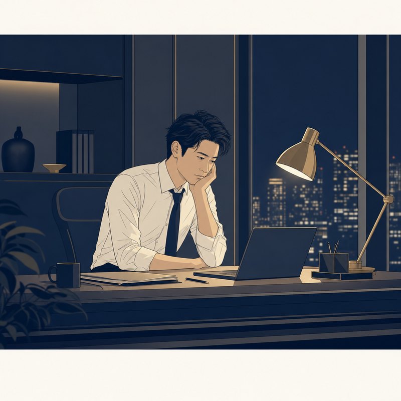 夜のオフィスで悩む会社員のイラスト